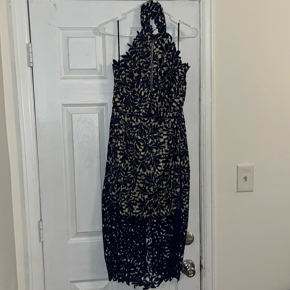 Blue/Beige Lulus High Neck Backless Midi Dress Size L